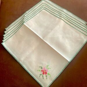Made In Italy Embroidered Flower Linen Cotton Napkins Doilies Cream Set 6 New